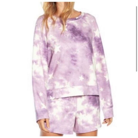 Wildfox $160 Lounge Set Sweatshirt & Shorts Purple Tie Dye Stars XL NWT - Picture 2 of 6